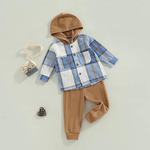 Miniatura 2 de Camisa de manga larga con capucha y botones para niños y niñas con capucha y pantalón de color liso, ropa de otoño