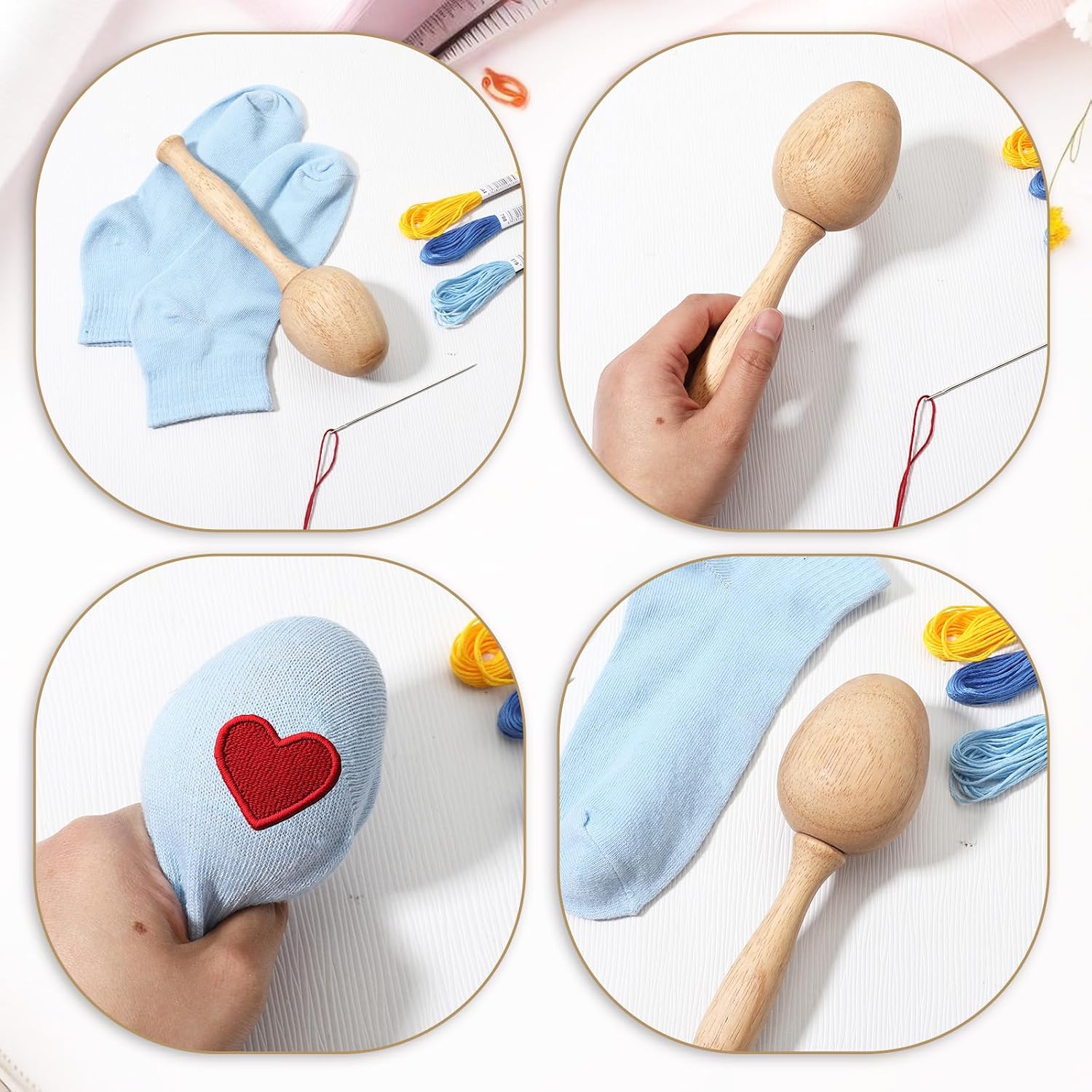 KongTiva Darning Mushroom for Socks, Wood Darning Egg Sewing Tool Darner Egg Kit Includes 14 Hooks Small Weaving Darning Loom 9 Large Eye Needles 50 Colors Thread for Handcraft DIY Weaving Repair Tool