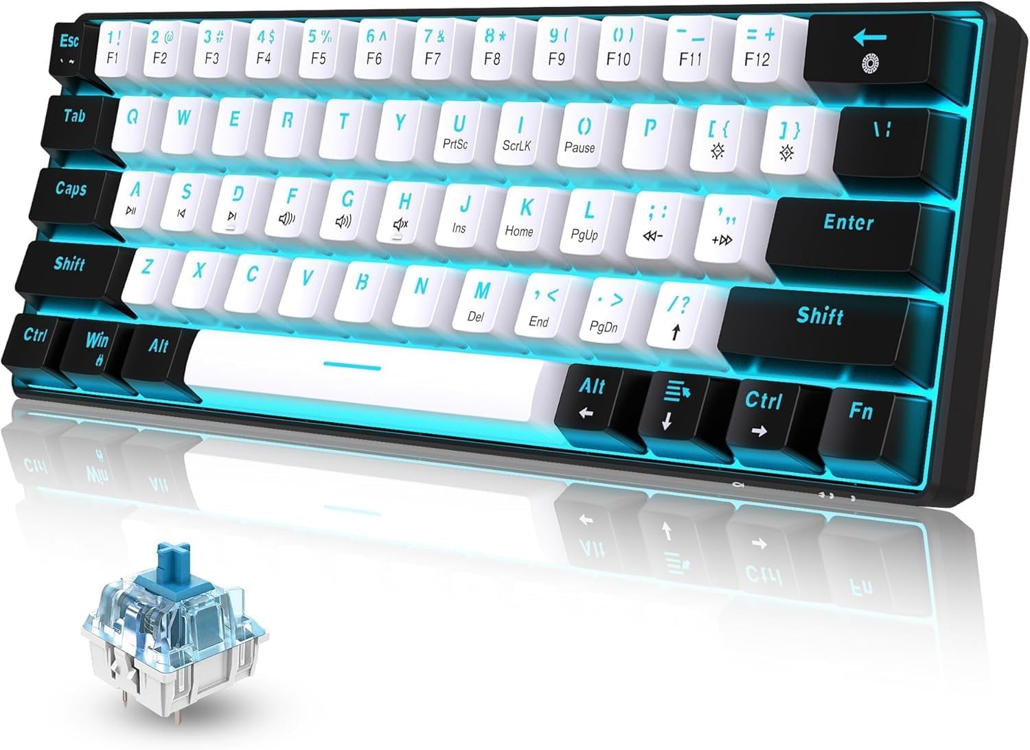 60% Wired Mechanical Gaming Keyboard, Mixed Backlit 61 Keys Compact Waterproof Mini Keyboard with Blue Switches for PC/Mac, Gamer, Typist, Travel (Mechanical Black Discoloration)