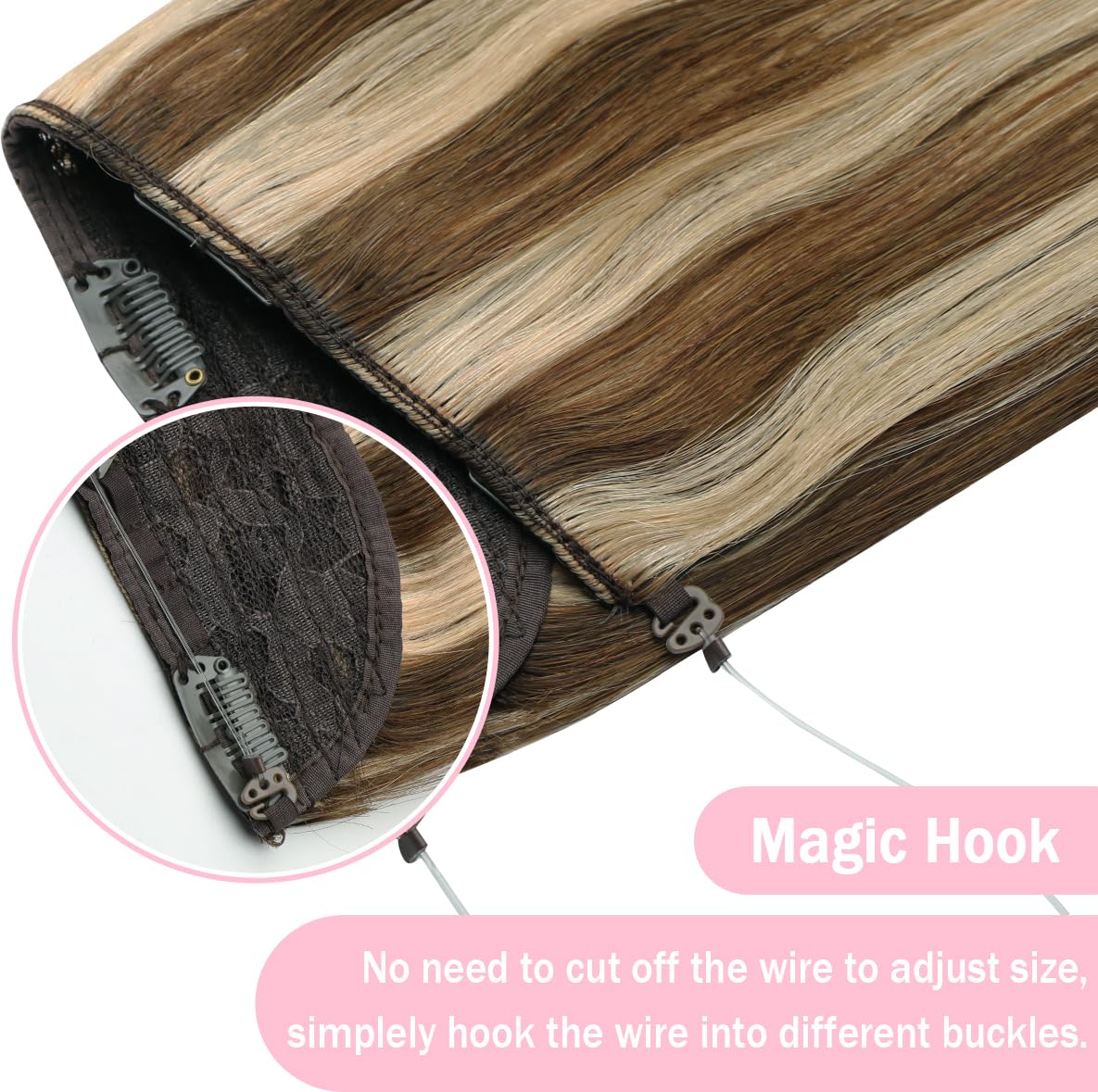 SURNEL Wire Hair Extension Invisible Fish Line Hair Extensions Human Hair Color 4 Medium Brown Highlighted 27 Caramel Blonde Wire Hair Extensions for Women 16 inch 65g(#4P27,16inch)