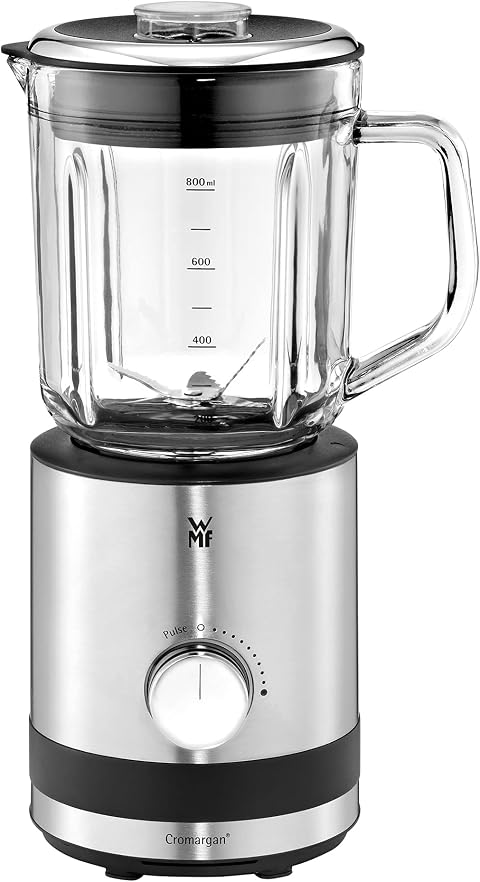 WMF Kitchenminis - Batidora de vaso 400 W,0.8 litros, 6 cuchillas, recipiente de vidrio, acabado de acero inoxidable cromargan mate, 5 velocidades, negro/transparente