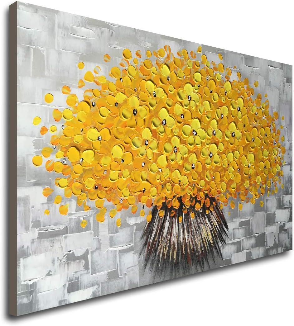 Winpeak Art Hand Painted Modern Textured Yellow Flower Oil Painting on Canvas Abstract Floral Artwork