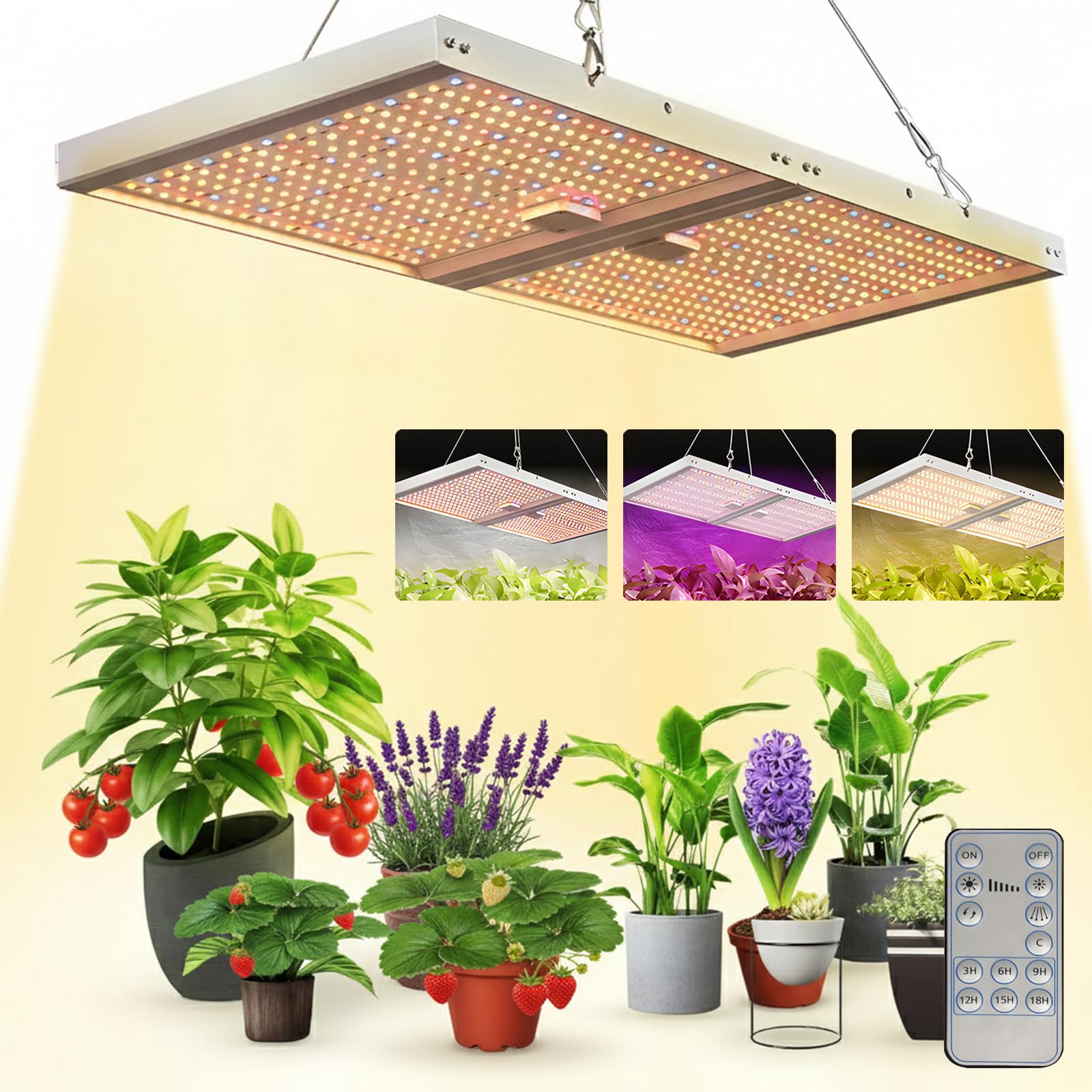 Lampa LED pełne spektrum, 728 diod LED, składana, 120 W, z pilotem zdalnego sterowania, 6 trybów timera, 3/6/9/12/15/18H, przyciemniane światło do roślin pokojowych, warzyw, kwiatów