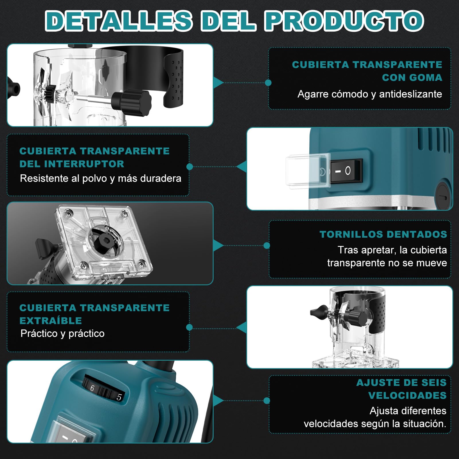 Fresadora de Madera Rebajadora Eléctrica 800W 30000RPM, 6 Velocidades Variables, con 15 Piezas de 1/4" Router Bits, para la Bricolaje Talla de Recorte