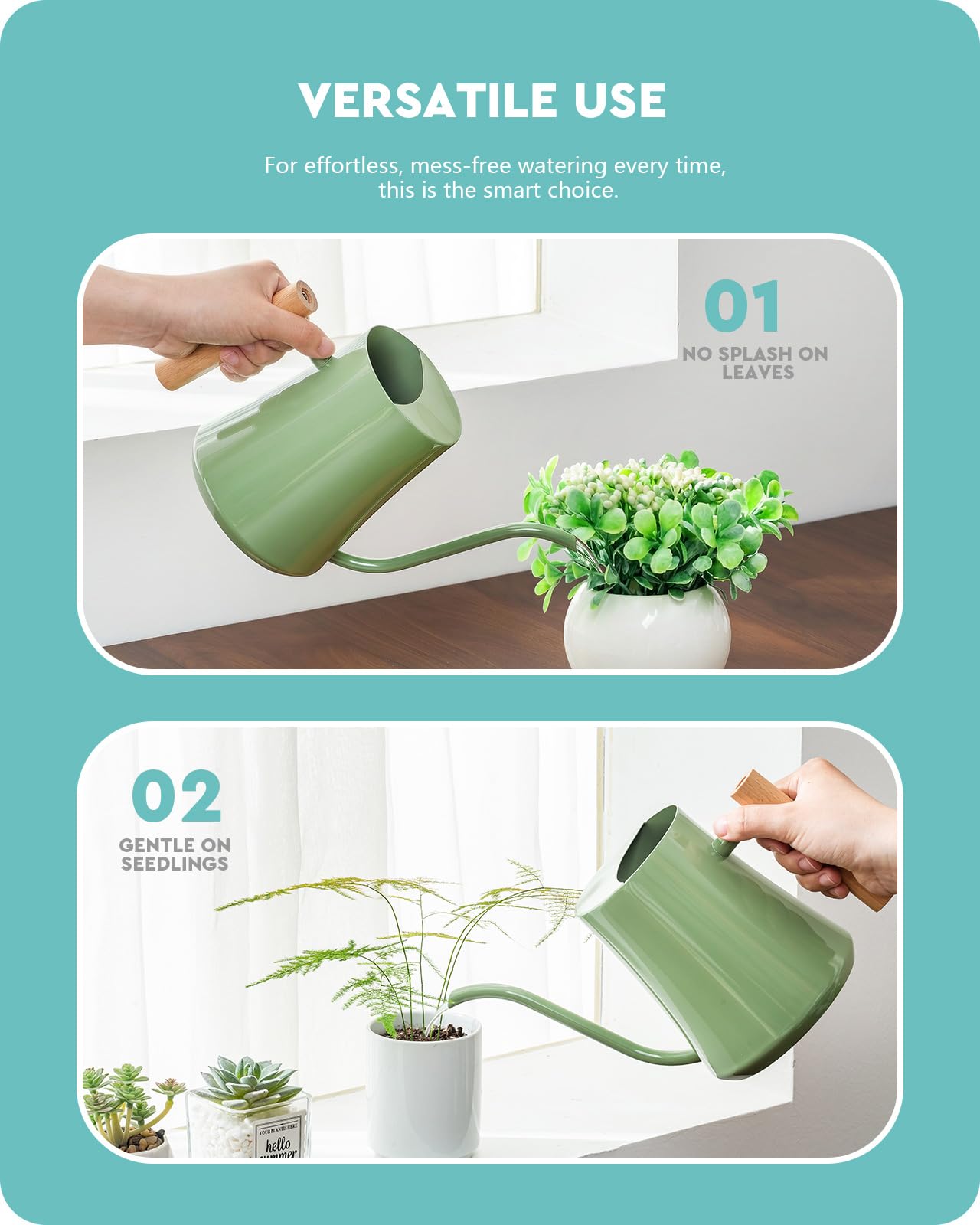 Baffect Gießkanne für den Innenbereich, 1 l, Edelstahl, Bonsai-Gießkanne mit glattem Griff, Metall-Gartengießkanne mit langem Auslauf für kleine Topfpflanzen und Blumen, Salbeigrün