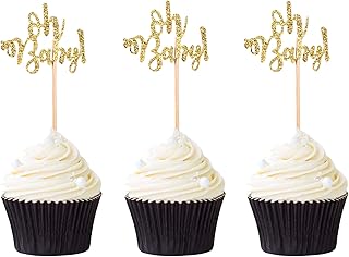 24 PCS Oh Baby Cupcake Toppers Birthday Party Cake Toppers Picks Baby Shower Cake Gold Glitter Decoration Supplies