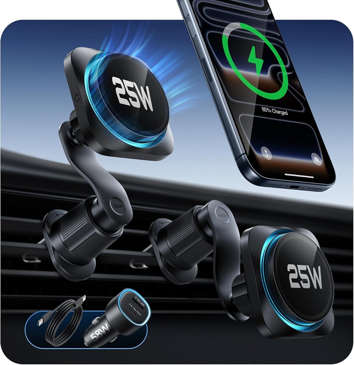 ESR OmniLock Qi2.2 Certified 25W MagSafe Car Mount Charger with CryoBoost, Phone Cooling MagSafe Car Charger, 360° Rotatable, Air Vent Magnetic Car Phone Holder for iPhone 17/16 with iOS 26, S26 Ultra