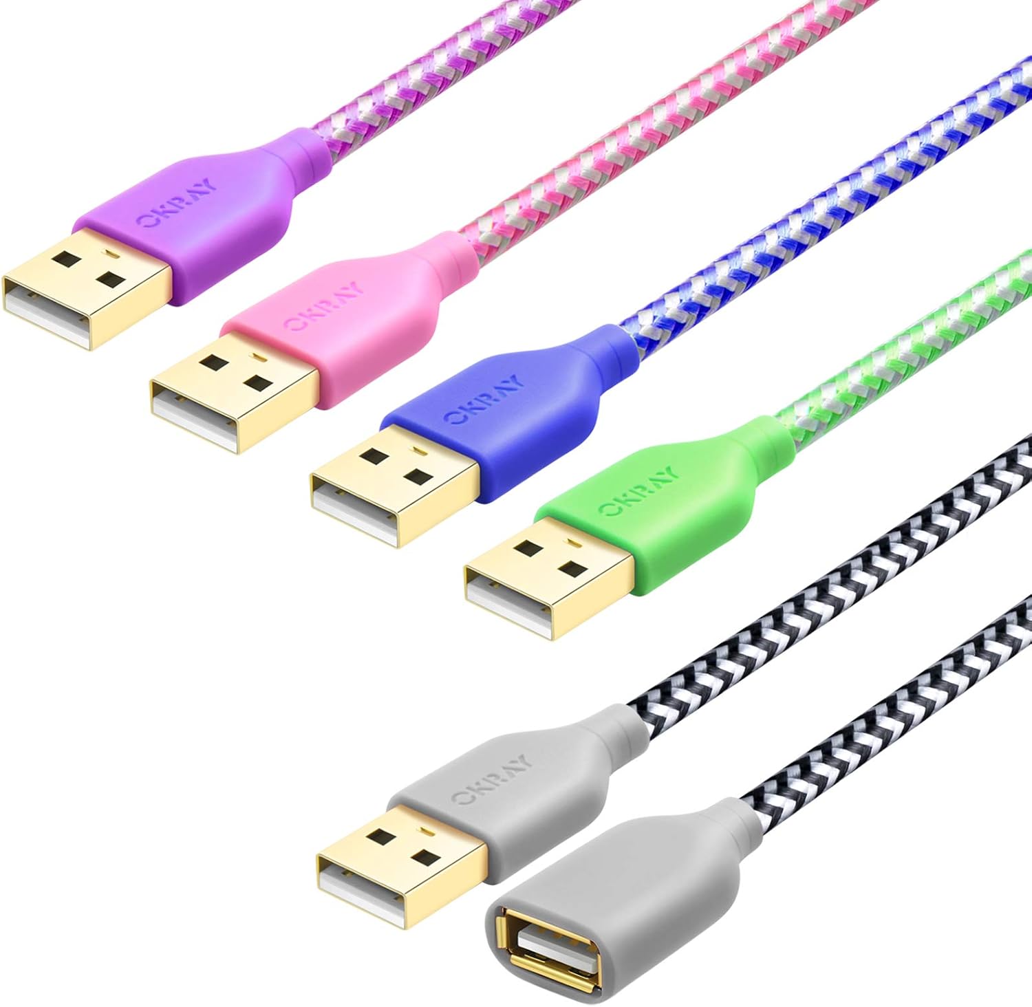 [5-Pack] USB Extension Cable, OKRAY 6 Feet Colorful Nylon Braided USB 2.0 Extension Cord Type A Male to A Female Extender Cable with Gold-Plated Connector for USB Flash Drive, Printer (Multi-Colored)