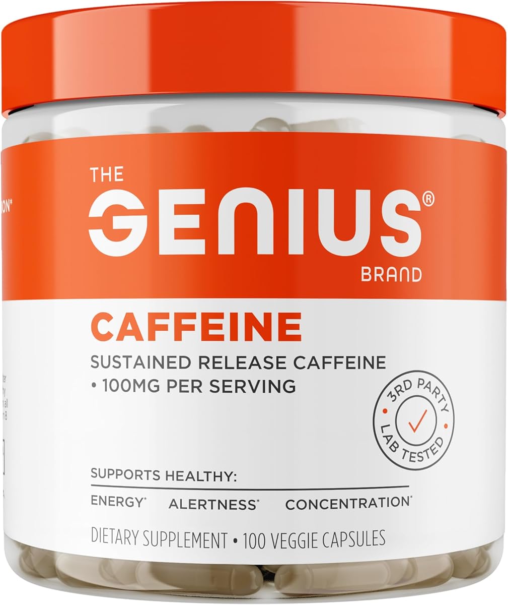 Genius Caffeine - Sustained-Release Microencapsulated Caffeine Pills for Smooth, Long-Lasting Energy & Focus - No Jitters or Crash - 100mg per Capsule - 100 Servings - Natural Performance Booster