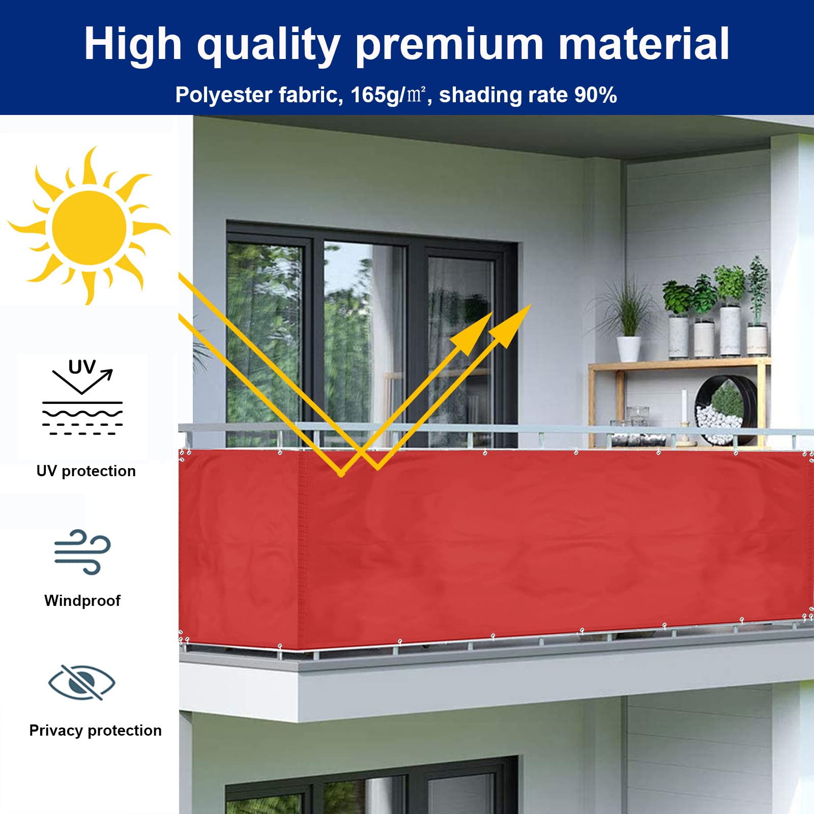 Frangi-Vi wodoodporna osłona balustrady balkonowej, odporna na działanie promieni UV, z oczkami, wiązaniami i sznurkami, czerwona, idealna na tarasy i patio, 110 x 100 cm