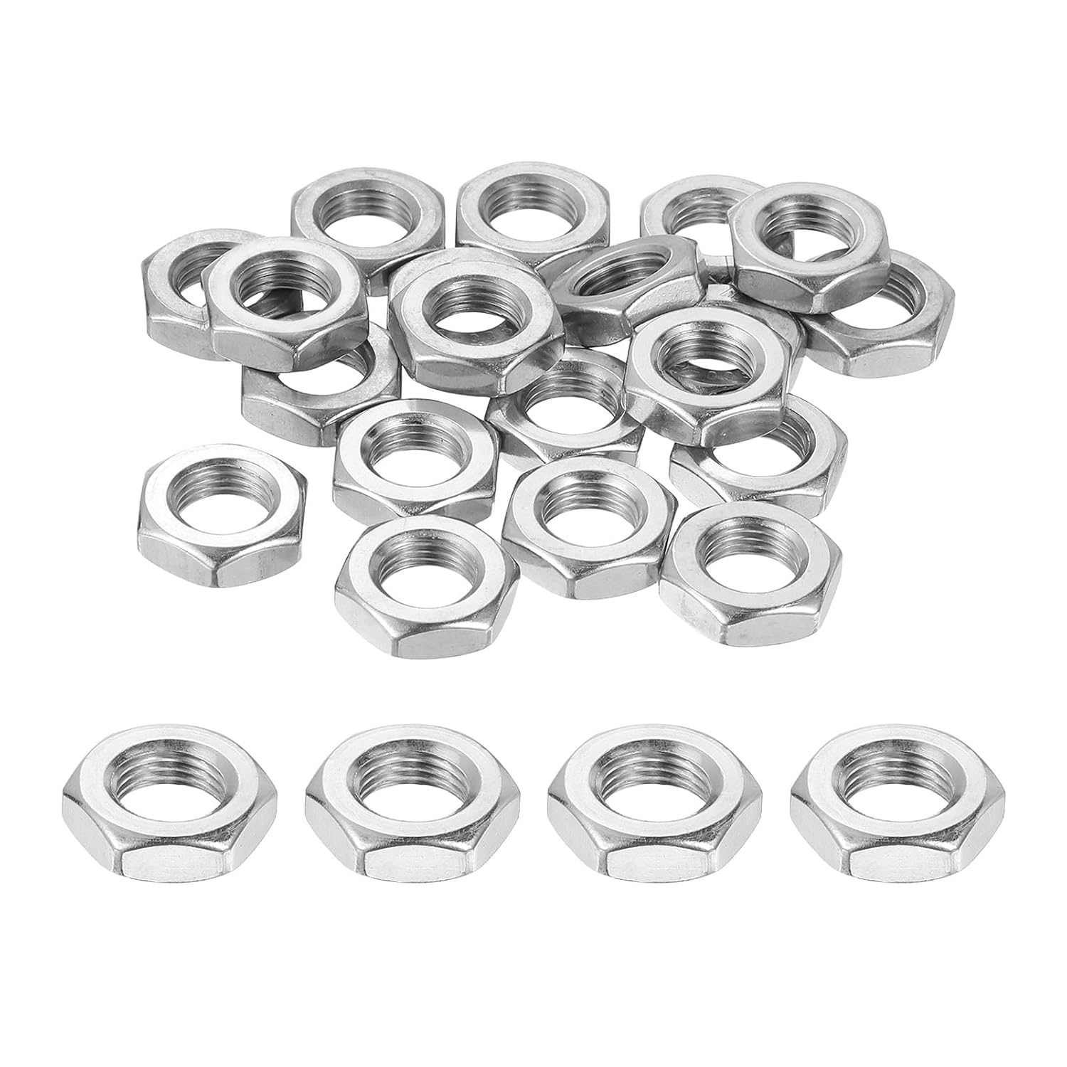MECCANIXITY M10x1mm Hex Nuts, 24Pcs 304 Stainless Steel Metric Fine Thread Hexagon Lock Nuts Fasteners for Machinery Automotive Industrial Use, 16mm / 0.63" Width 5mm / 0.2" Height