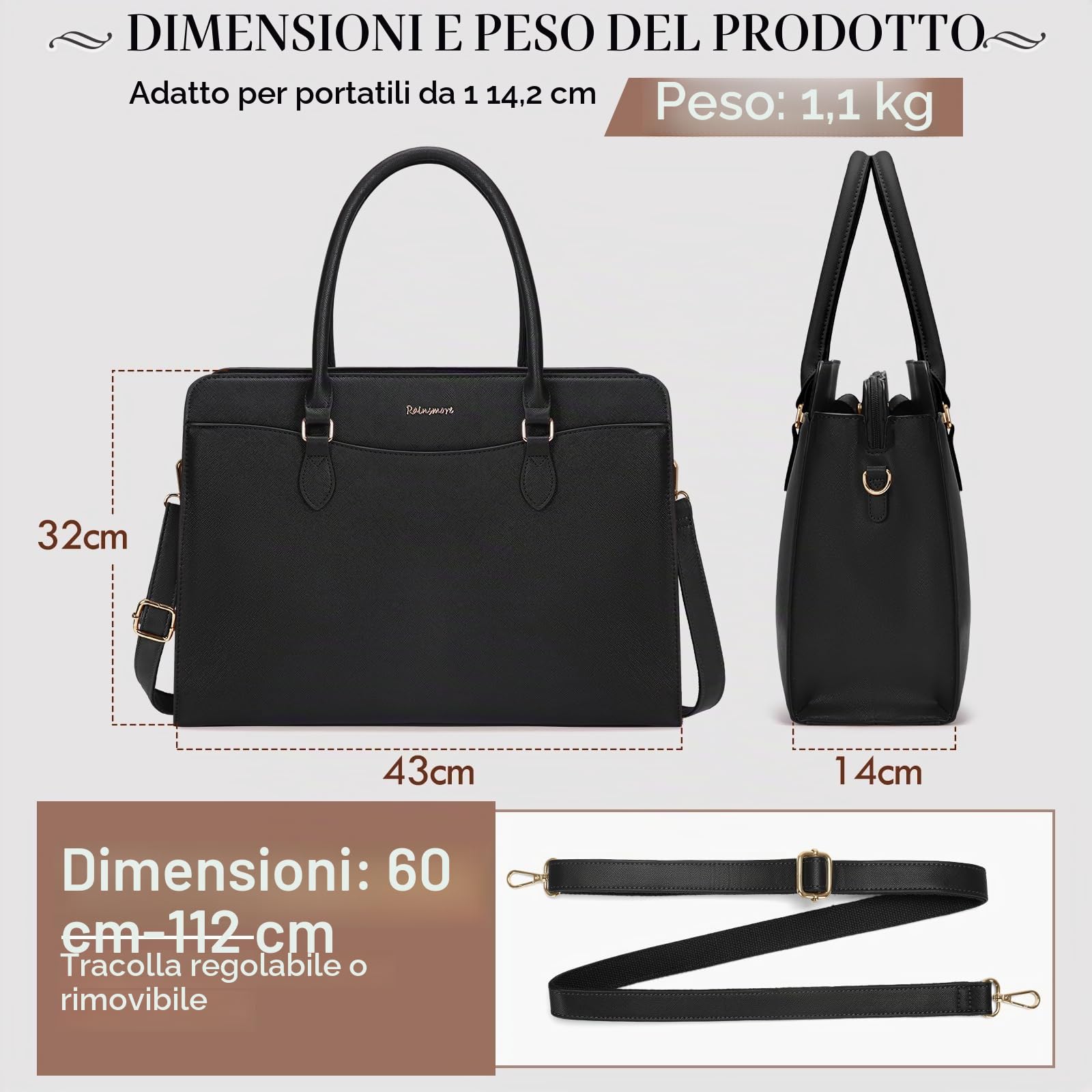 RAINSMORE Borsa Università Donna in Pelle PU Porta PC Impermeabile Nera Tracolla Shopper Business Lavoro