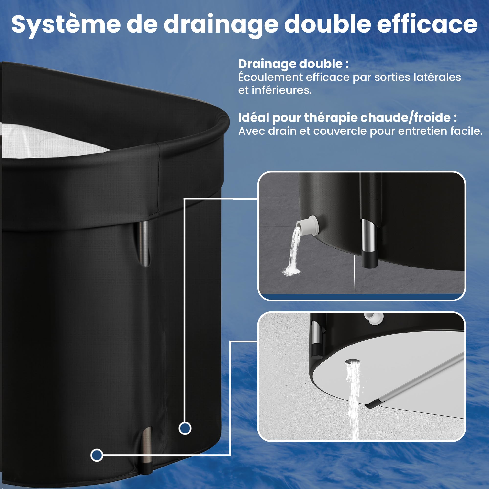 Faas Bain de Glace XL 420L – Baignoire Pliable pour Adultes – Avec Couvercle, Tuyau de Vidange & Accessoires – Ice Bath – Portable, PVC Durable, Facile à Installer – Noir