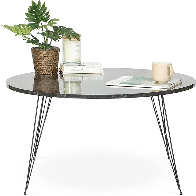 Bravich Marble Effect Round Coffee Table for Home Office and Family Use | Gold Colour Legs, Black Marble Effect Top| Modern Retro Style
