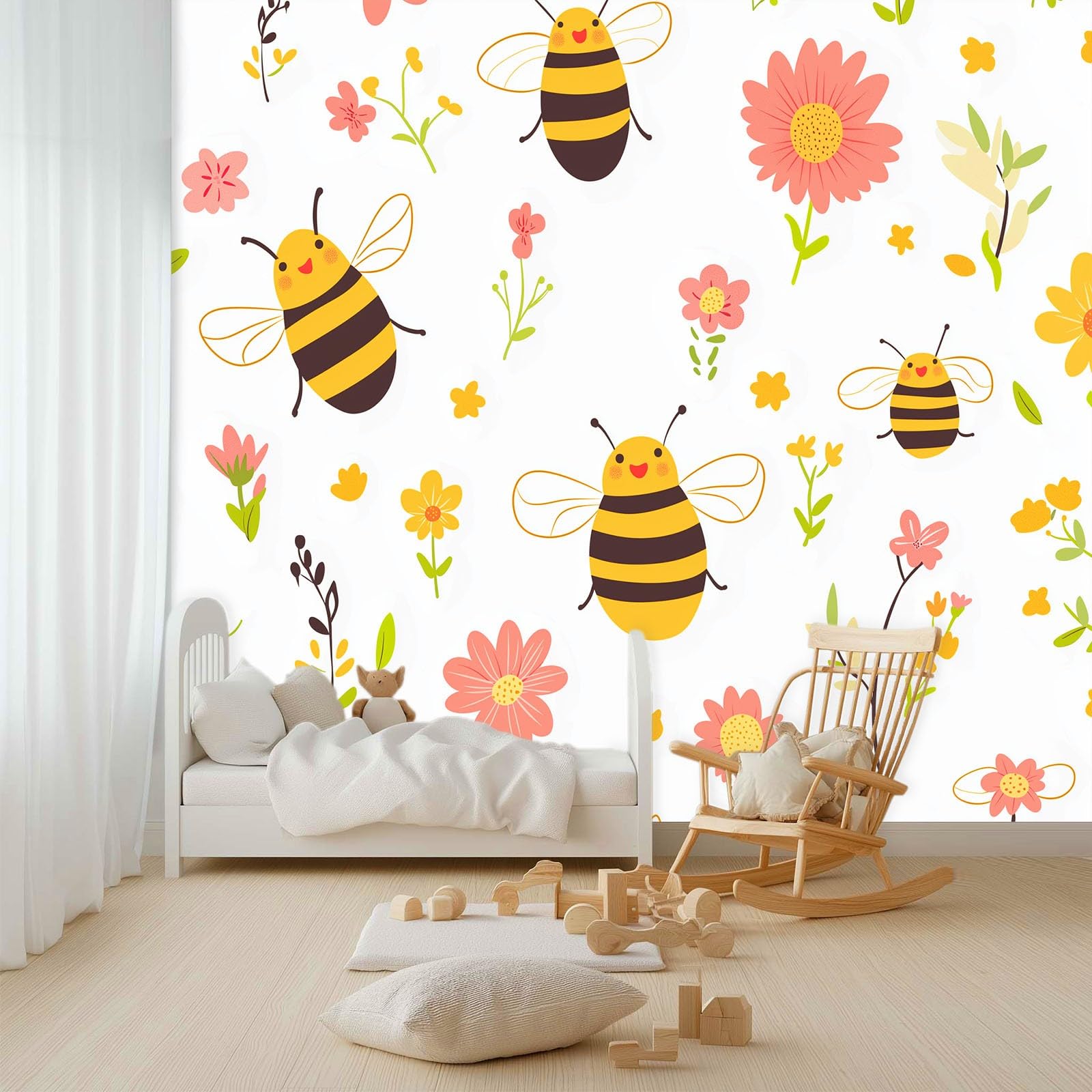 Panoramiczna tapeta 3D 350 x 256 cm urocza ręcznie rysowana pszczoła tapeta z włókniny, duży plakat ścienny do salonu, dekoracji pokoju dziecięcego, łatwy w montażu, beżowy