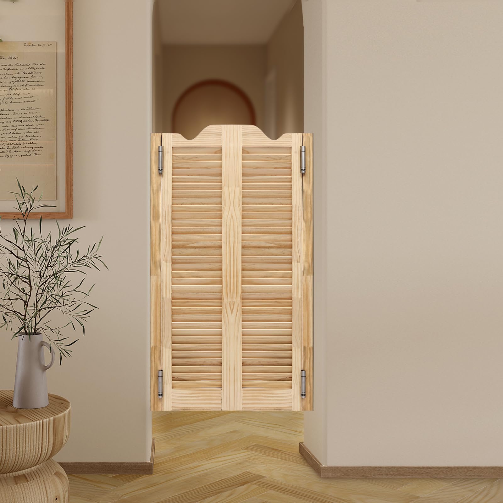 Swinging Saloon Doors - White Louvered Wood Cafe Doors, 24"W X 42"H Pair | For Kitchen, Bar, Porch