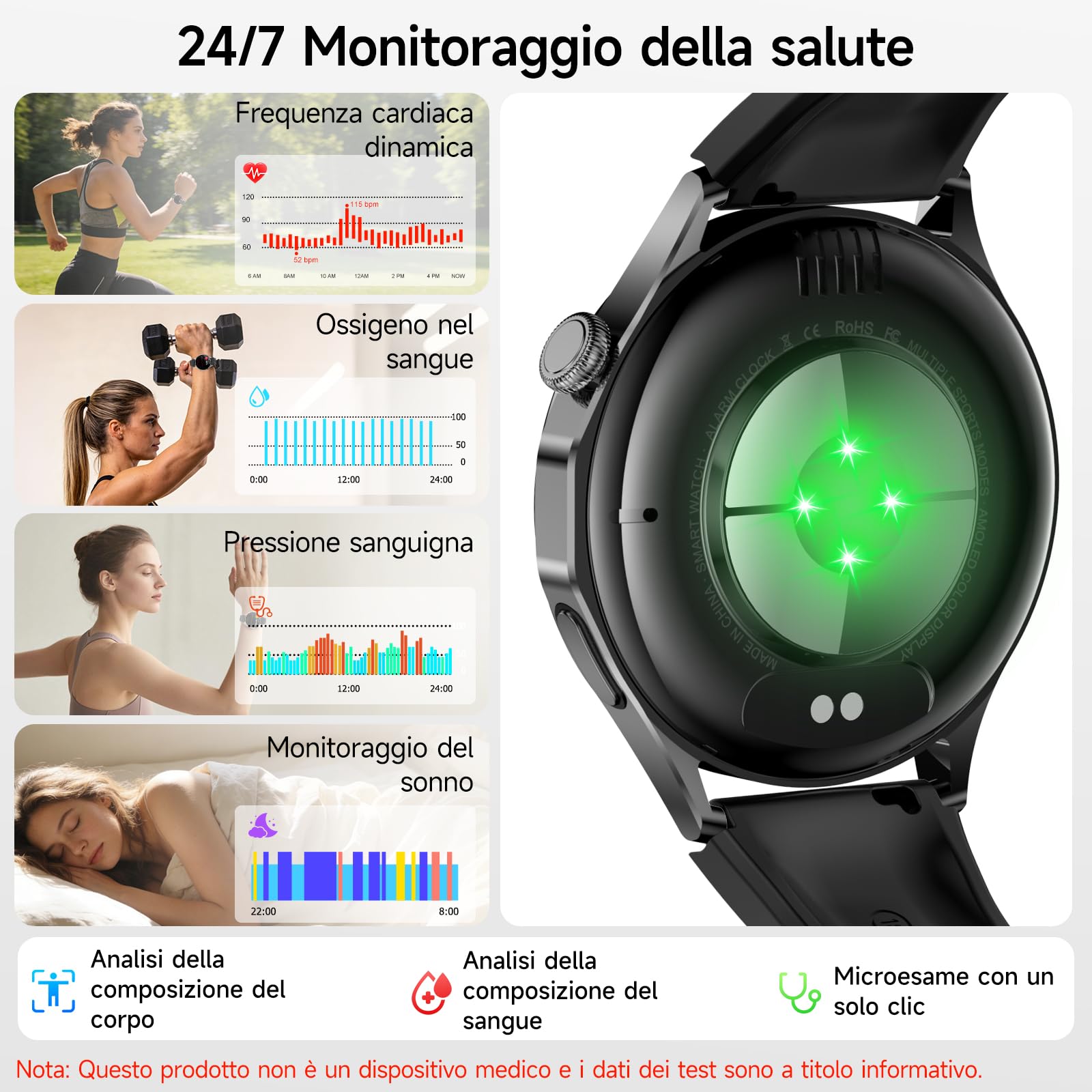 Nuo Smartwatch Donna Uomo con ECG/HRV/Pressione Sanguigna/BMI/Acido Urico | 1.32" AMOLED Orologio Fitness con Cardiofrequenzimetro/Sonno/Stress/Temperatura/Emozioni/SOS/Emozioni/Chiamate, iOS/Android