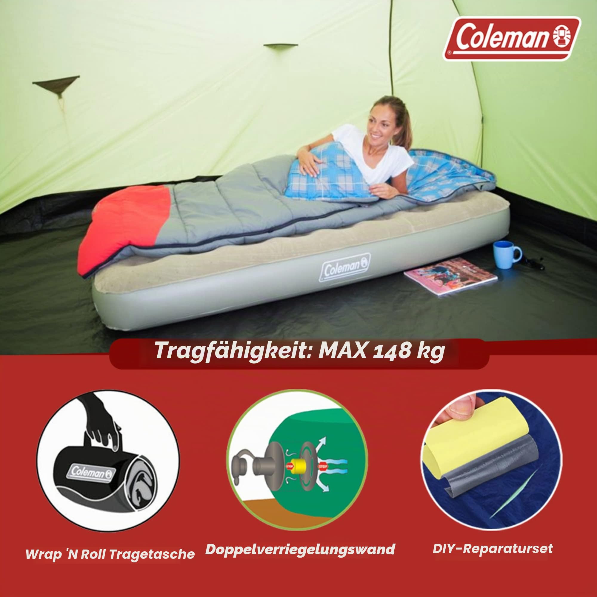 Coleman Luftbett Comfort Bed Single, Indoor/Outdoor Luftmatratze 1 Person, Velours Gästebett, Komfort Einzelbett, Campingbett für Wandern, Trekking, Festivals, 188 x 85 x 22 cm, max. 148 kg