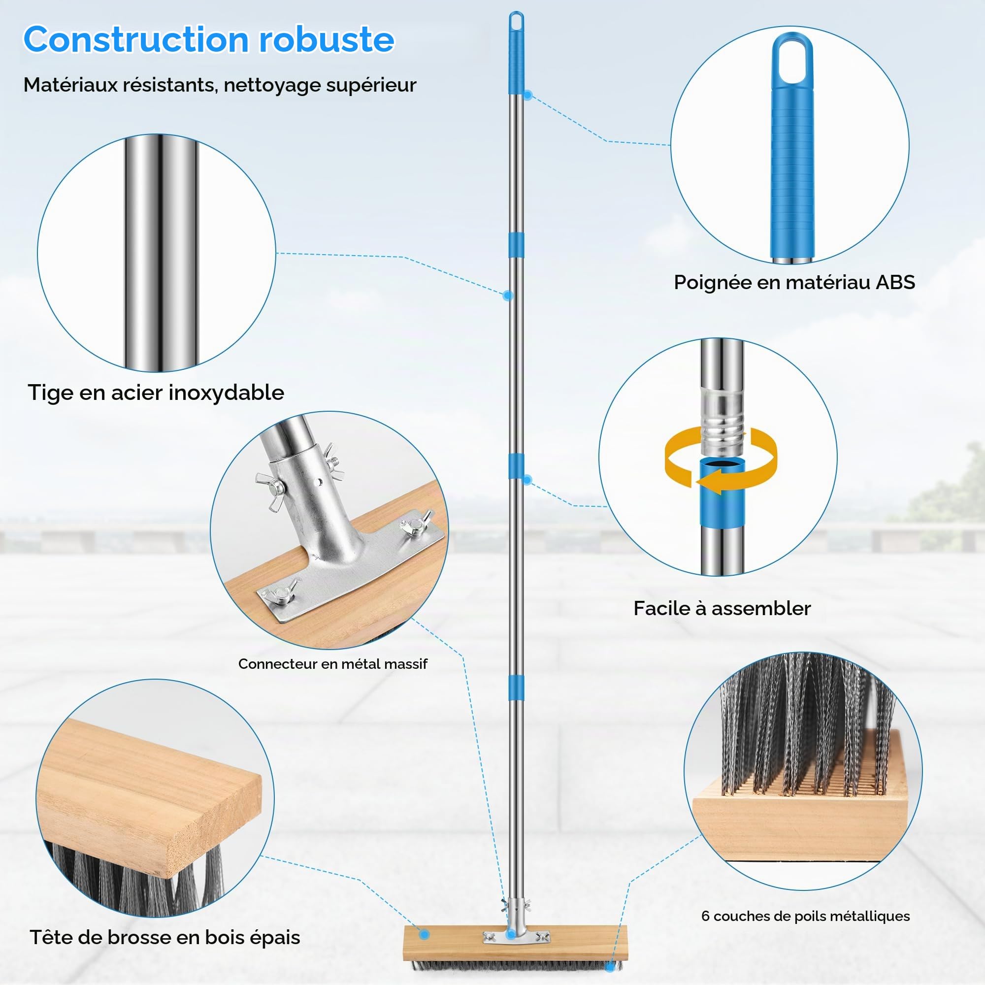 COZCLAM Ensemble de Brosse Metallique Robuste avec Manche Télescopique de 160cm, Brosse pour Sol de 35cm et 2 Brosses pour Joints, Balai Brosse Sol Métallique pour Extérieur Patio, Terrasse et Jardin