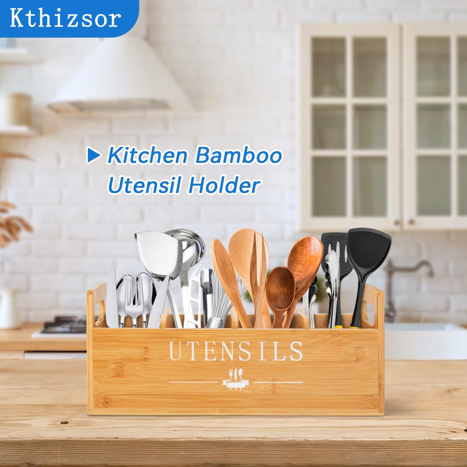 Porte-ustensiles Cuisine Bambou - Pot Comptoir Rangement Couteaux Cuillères - Design Durable éco-responsable - 17,8 X 10,2 Cm - 13