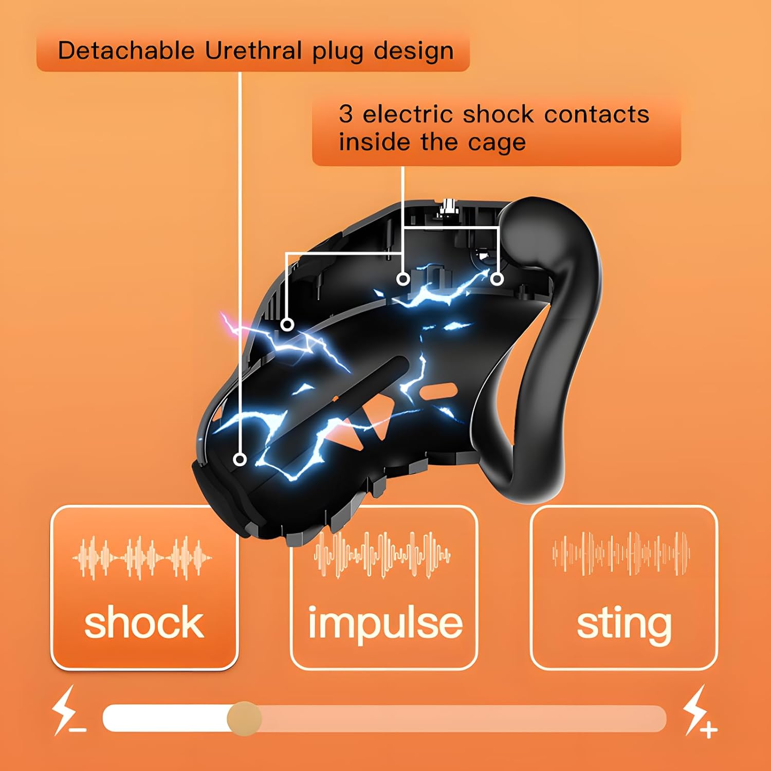 Diagram illustrating the internal electric shock contacts within the chastity cage and three distinct electric shock modes: Shock, Impulse, and Sting.