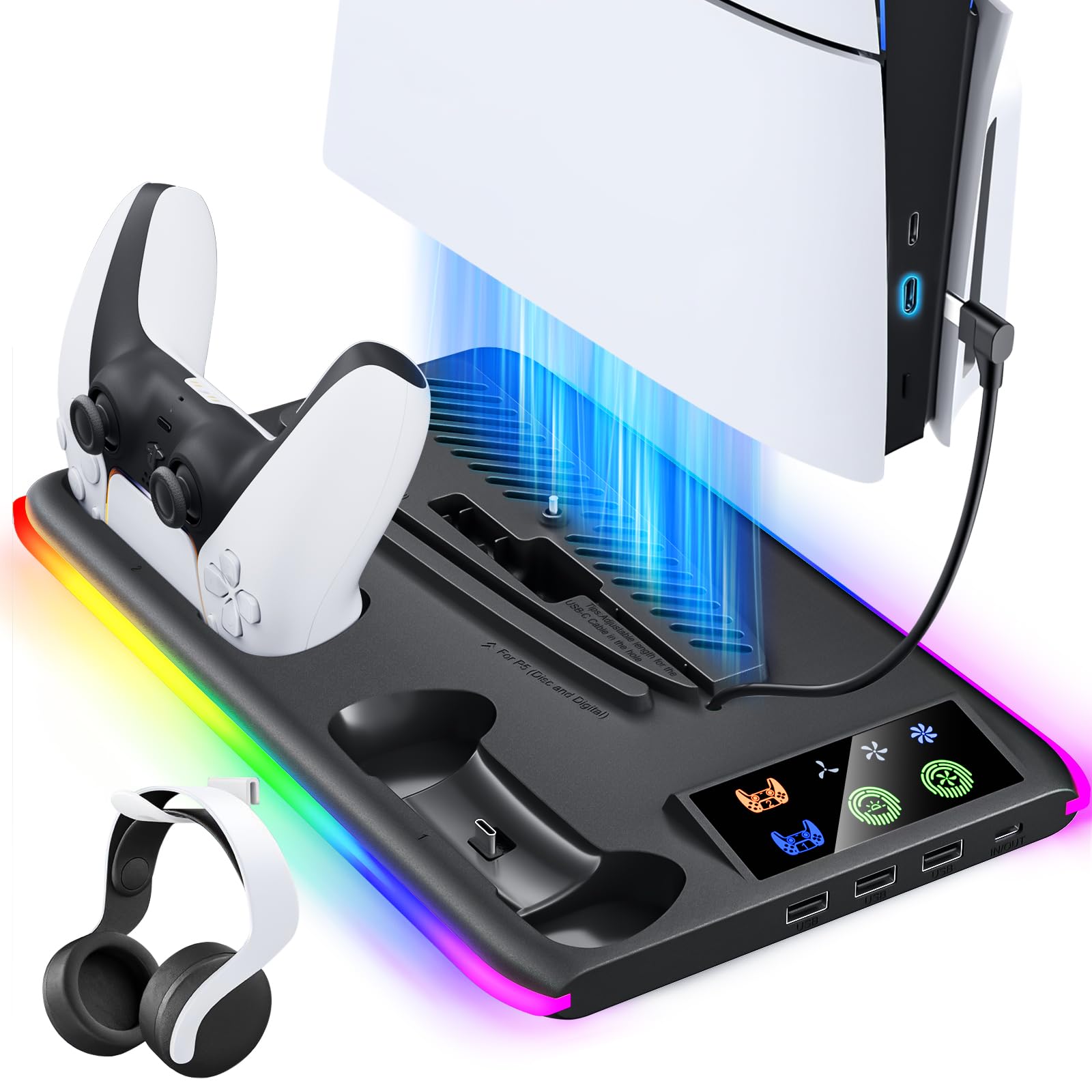 Cargador de controlador para PS5/PS5 Slim/Pro: ventilador de refrigeración PS5 y estación de carga de controlador, soporte PS5/Slim/Pro accesorios base de carga vertical para consola PlayStation 5