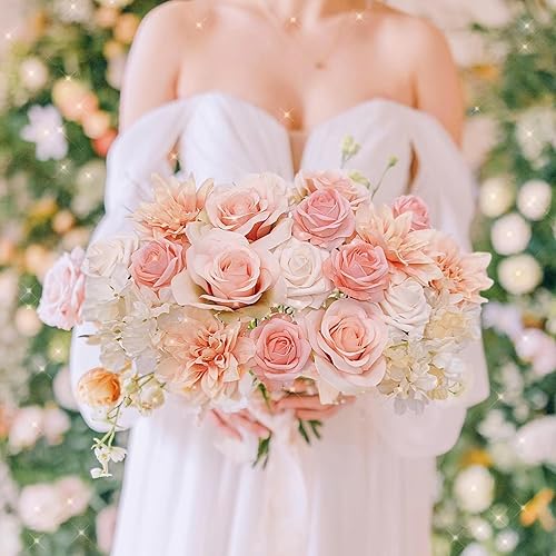 Miniatura 2 de FACINOC Juego de caja de ramo de rosas artificiales de durazno, flores falsas para bricolaje, decoración de despedida de soltera, bodas, centros de