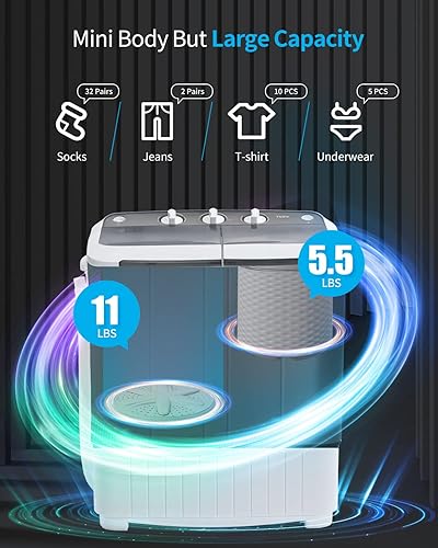 Miniatura 5 de Lavadora portátil de 16.5 libras, lavadora semiautomática de doble tina y combo giratorio, carga superior, lavadora compacta para dormitorios,