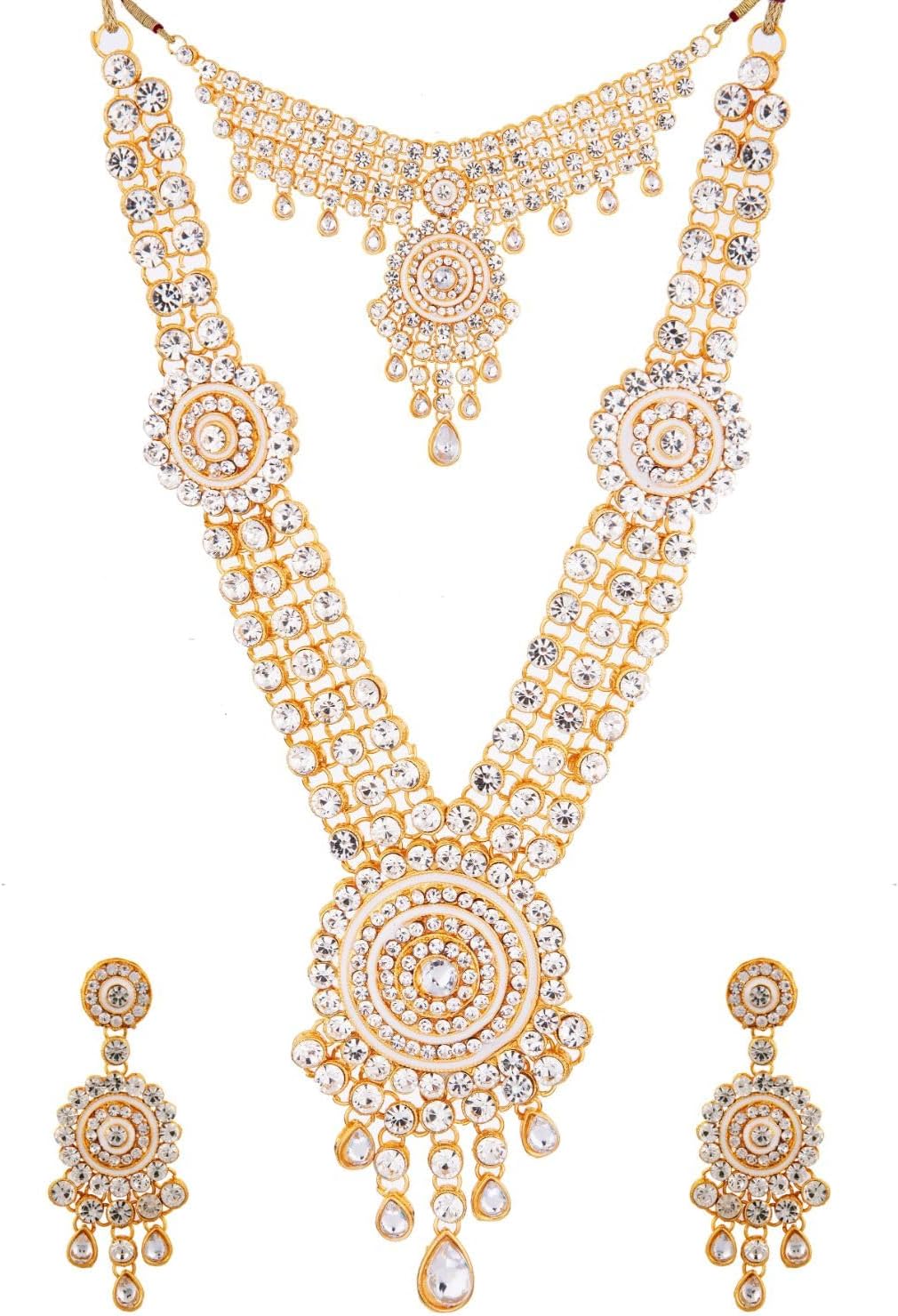 Efulgenz Indian Bridal Jewelry Indian Wedding Jewelry Sets for Women Bridal Bollywood Kundan Rhinestone Necklace Earrings Maang Tikka Head Chain Nose Ring Bracelet Jewelry Set