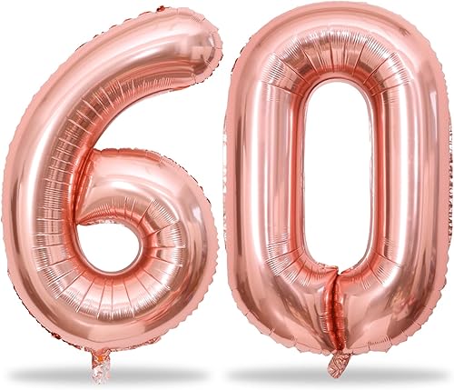 Globos de 60 cumpleaños oro rosa para mujeres, globos gigantes de lámina Mylar de 40 pulgadas número 60 autoinflables, globos de helio dígitos oro
