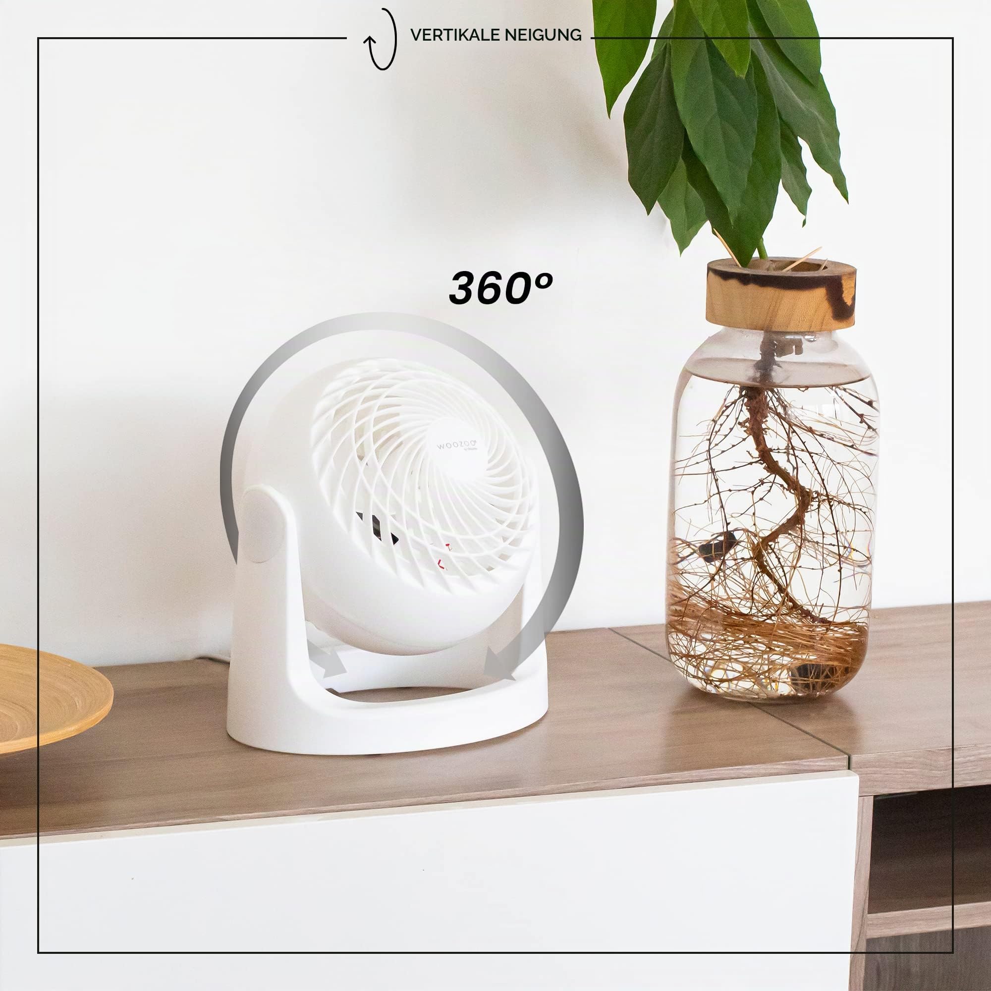 Iris Ohyama Woozoo Tischventilator, Raum bis 13m², Vertikale Neigung 360°, Leise 35dB, Tragbar, 3 Geschwindigkeitsstufen, Fan, Für Schafzimmer, Büro, Weiß, PCF-HE15