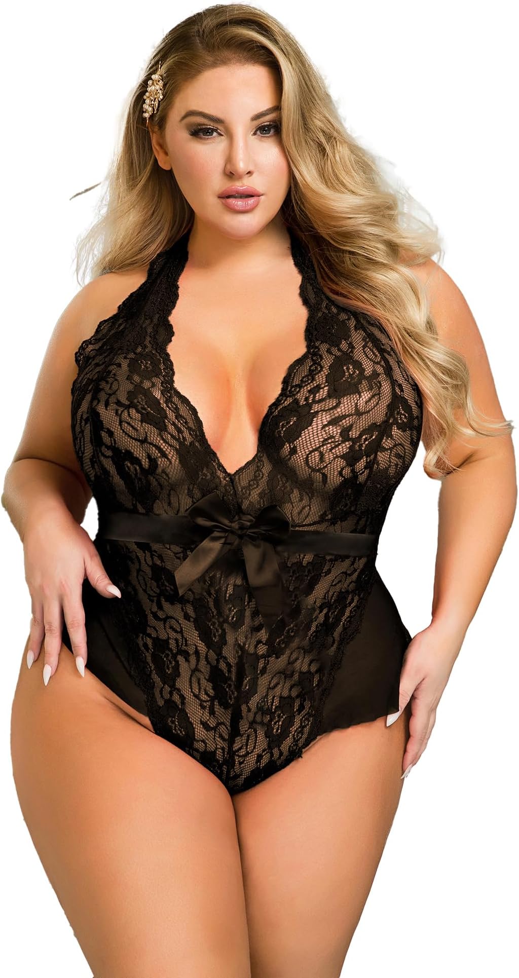 ohmydear Women's Lace Bodysuit Plus Size Teddy Lingerie Set Sexy Babydoll Nightwear Deep V Neck Halter Negligee Outfit Clubwear Leotard Top Size Uk 8-22