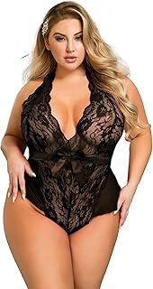 ohmydear Women's Lace Bodysuit Plus Size Teddy Lingerie Set Sexy Babydoll Nightwear Deep V Neck Halter Negligee Outfit Clu...