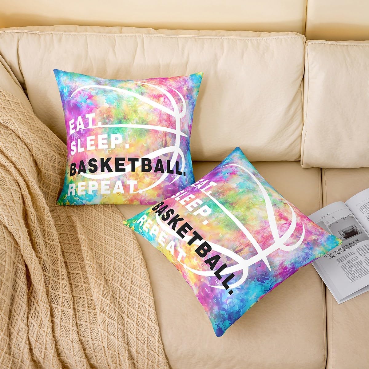 Feelyou Tie Dye Basketball Throw Pillow Covers 24 x 24-Inch, Eat Sleep Basketball Square Cushion Covers Set of 2,Kids Boys Girls Teens Ball Games Pillow Covers Gaming Sports Cushion Covers for Sofa