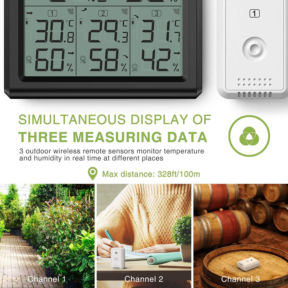 KeeKit Innen Außen Thermometer, Temperatur Luftfeuchtigkeit Monitor mit 3 Drahtlose Sensoren, Hygrometer Meter Gauge mit LCD Hintergrundbeleuchtung, Min/Max Record für Zuhause, Büro, Restaurants, Bars