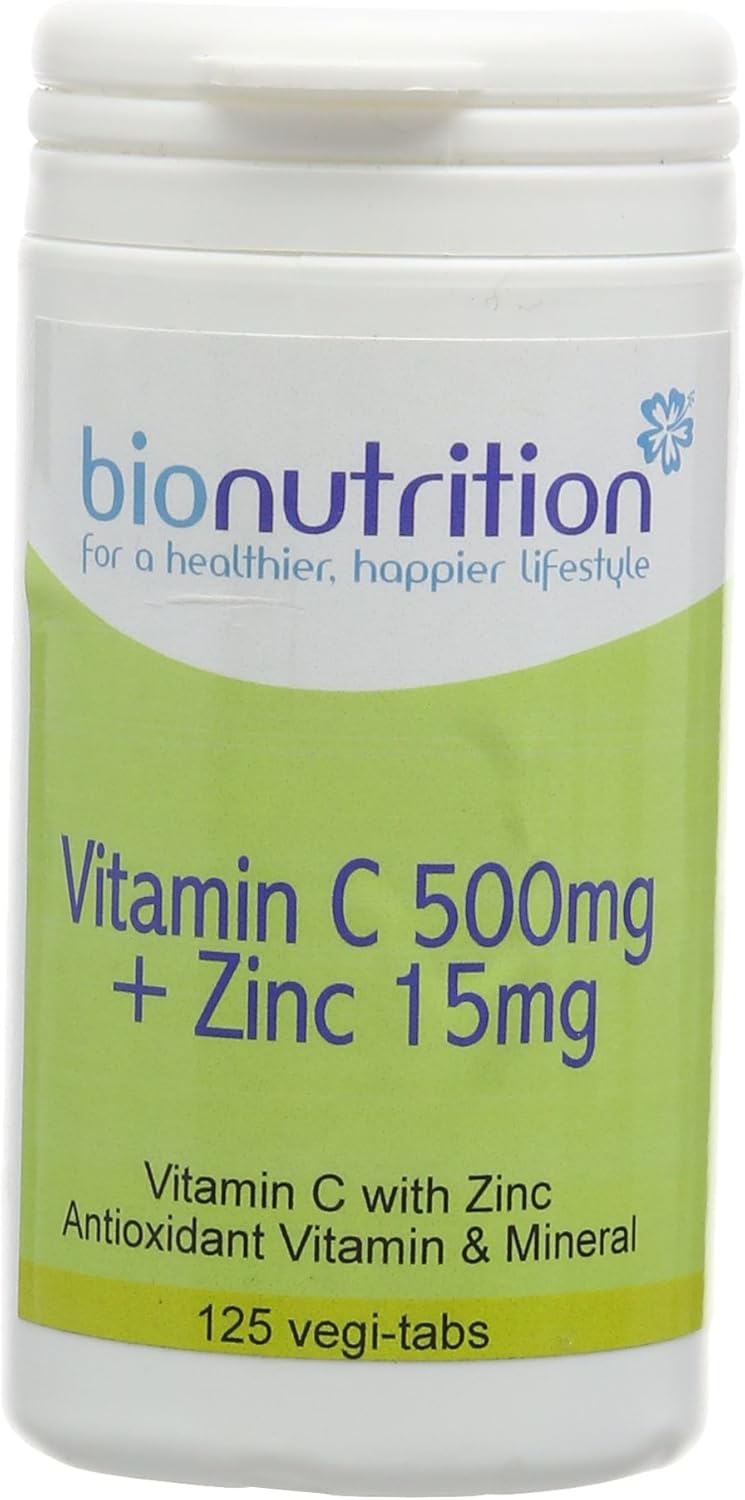 Bio Nutrition Vitamin C 500mg + Zinc 15mg : Antioxidant and Immune Vitamin and Mineral Combination : 125 Vegi Tablets