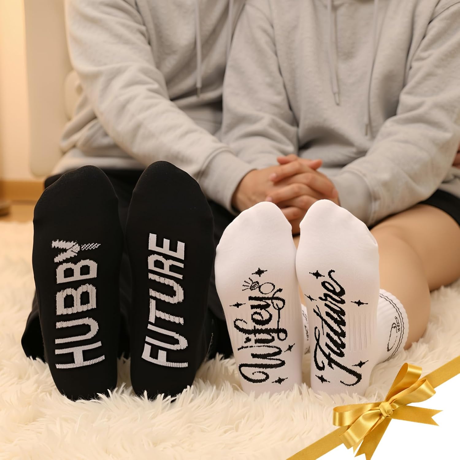 2 Pairs Engagement Gifts Wedding Gifts for Couples Bride and Groom Crew Socks with Gift Box Black and White - Image 3