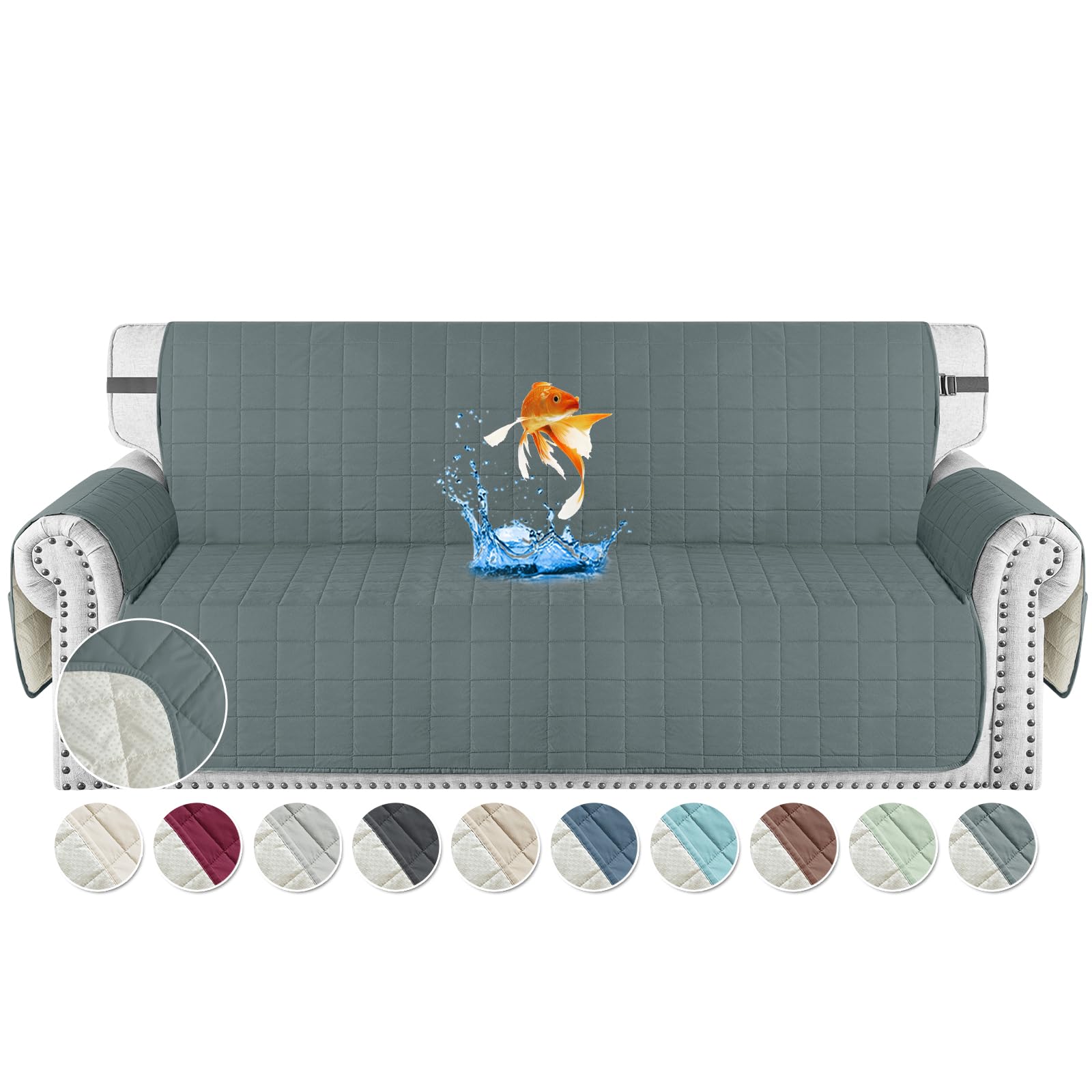 MAXIJIN Waterproof 3 Seater Couch Covers, 69" Quilted Sofa Covers Washable Dog Pet Couch Cover Protector with Elastic Strap & Side Pocket (Dark Grey, 3 Seater)