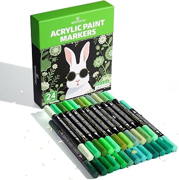 WINSONS 24 Colors Acrylic Paint Markers Set Vibrant Permanent Paint Pens with Brush & Fine Tip, Water-Based Quick Dry for Rock Painting, Canvas, Wood, Glass, Fabric, DIY Art Supplies Green Tone