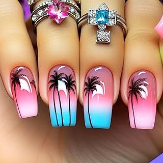 Coconut Palm Acrylic Medium Coffin Fake Nail Summer Beach Press on Nails Hackberry Gel Glue on Nail 24Pcs Glossy Pink Gradient False Nails Blue French Stick on Fingernails for Coquette Women Girls