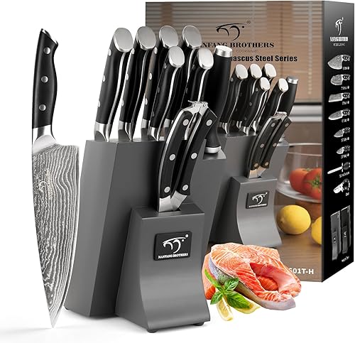 Miniatura 5 de NANFANG BROTHERS Juego de cuchillos de cocina de Damasco de 9 piezas con bloque, mango ergonómico ABS para juego de cuchillos de chef, afilador de