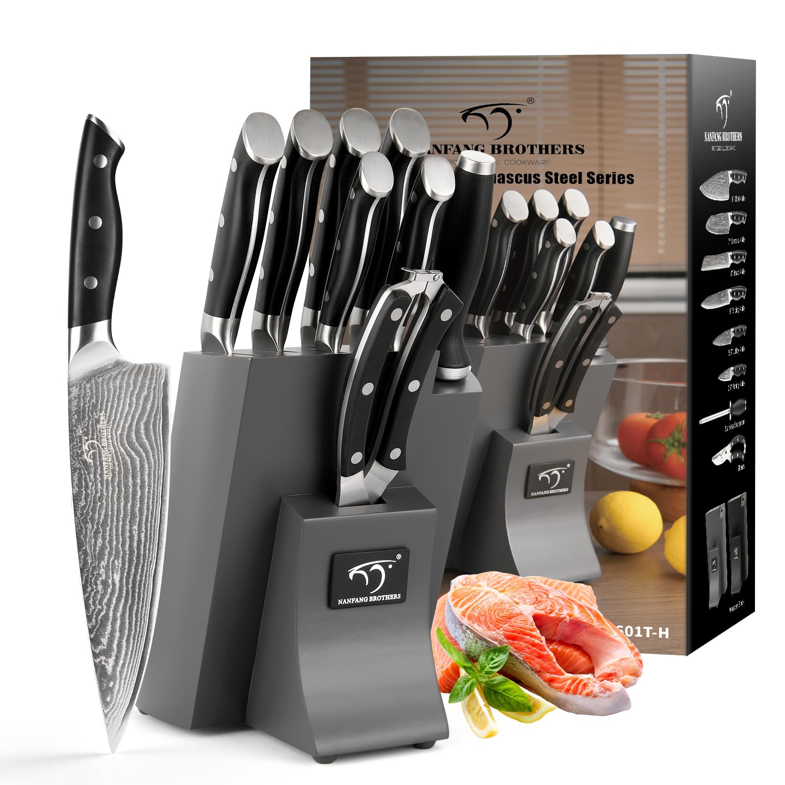 NANFANG BROTHERS Juego de 9 cuchillos de cocina de damasco con bloque de madera de haya, bloque de cuchillos con cuchillo, cuchillo de cocina profesional afilado, juego de cuchillos de cocina VG10, 67