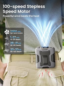 Koonie Waist Clip-on Fan for Shirt, 100 Levels of Speeds, 24H Work Time | Portable Wearable Belt Personal Cooling Fan, Rechargeable Battery, Under-shirt Fan for Outdoor Work, Travel