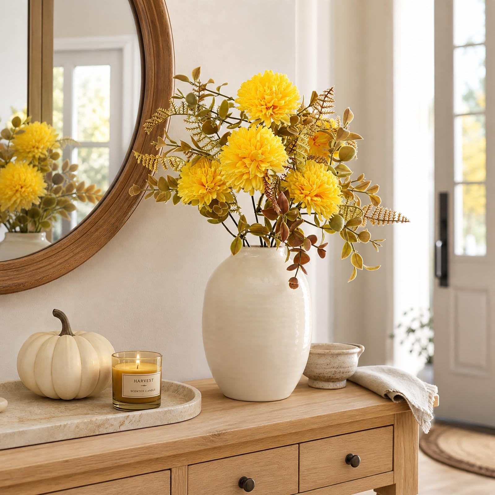 Künstlicher Chrysanthemen Strauß Saison - Seidenblumen für deko mit Eukalyptus für Vase Tischdeko Wohnzimmer 42cm(E)