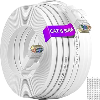 Ethernet Cable 50m White, Cat 6 Internet Cable Extra Long LAN Cable 50 Meters Flat High Speed 10/100/1000Mbit/s Gigabit RJ45 Patch Cable Slim Network Cable 165ft Compatible with Cat5/Cat5e for Modem