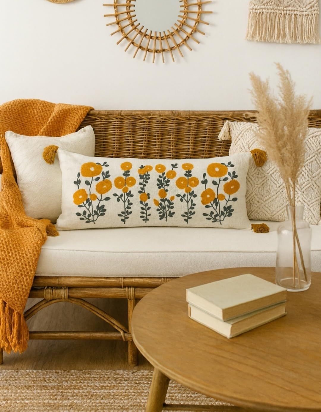 Cotton Cushion Cover | 14x36 Inch Beige and Yellow Handloom with Tassels | Rectangular Pillow Cover for Sofa, Diwan, Living Room, Bedroom | Long Cushion Cover | Pack of 1 Piece-image-46