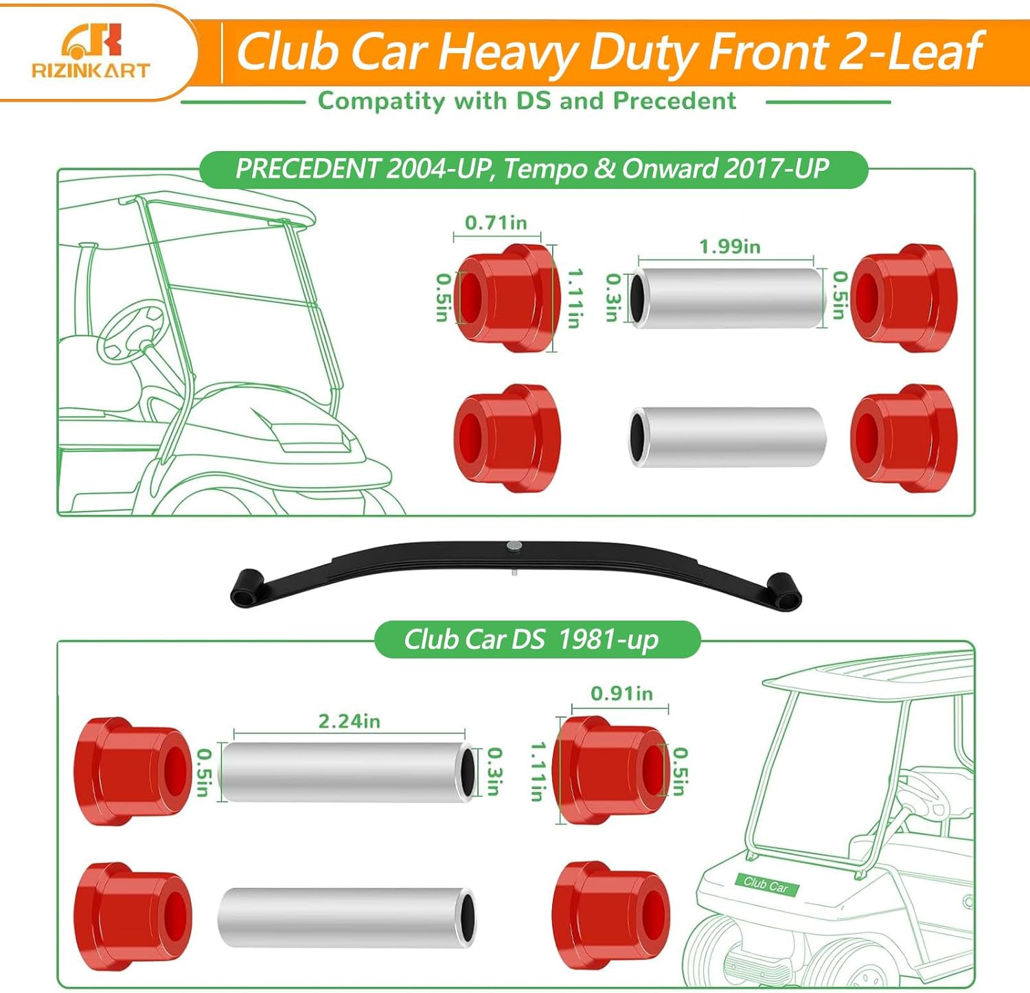 Heavy Duty Front 2-Leaf Springs Kit for Club Car Precedent 2004+ / DS 1981+ Golf Cart, Replaces OEM #1012030#1015108 Included Bushings Sleeves and Sleeves
