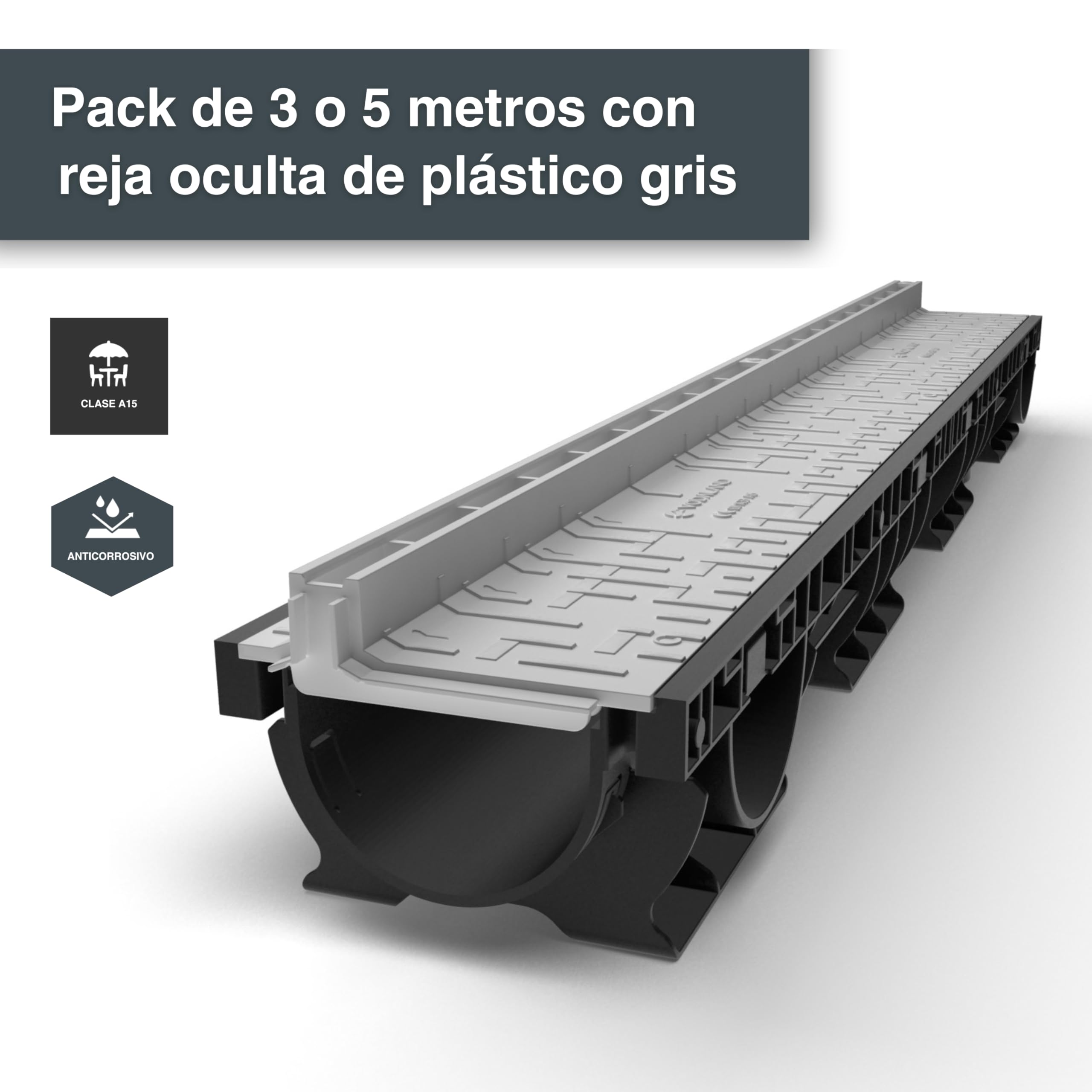 VODALAND - Canal de Drenaje con Rejilla Oculta Ranurada de plastico Color Gris - Pack de 5 Metros para terraza y Piscina, Aguas Pluviales y Desagüe | Solución Elegante y Funcional para Exteriores