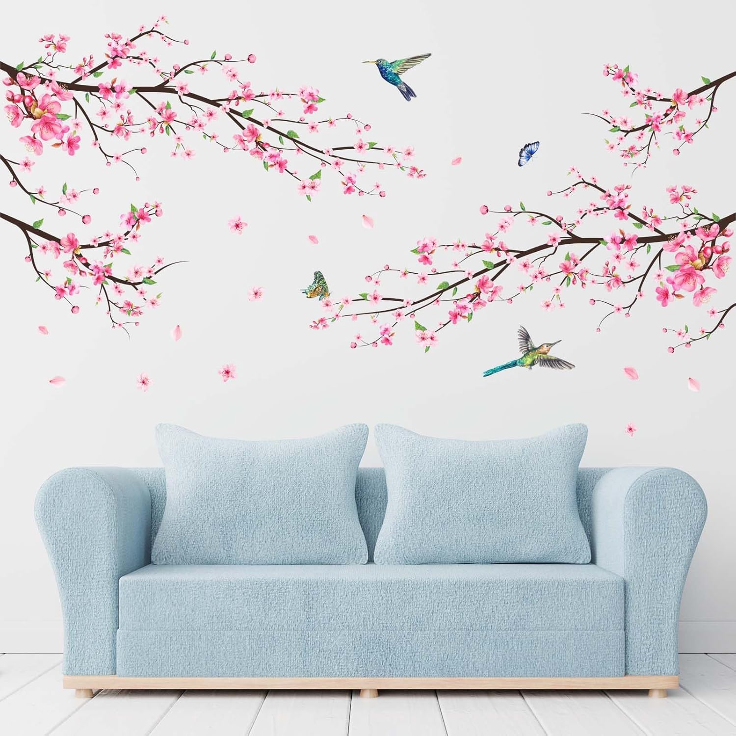 Pink Watercolor Cherry Blossom Wall Stickers - Tree Branch Flower Birds Wall Decals - Bedroom Living Room Sofa TV Background Home Wall Decor