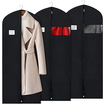 BOMEI PACK Black Garment Bag Cover Covers Breathable 60 cm x 160 cm Pack of 3 Garment Bags with Transparent Window and Zip Dustproof for Suits Coats Jackets